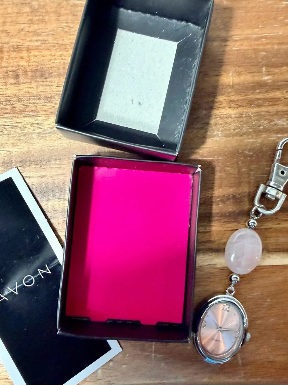 Vintage Avon Pink Dial Keychain Watch with Rose Quartz Accent